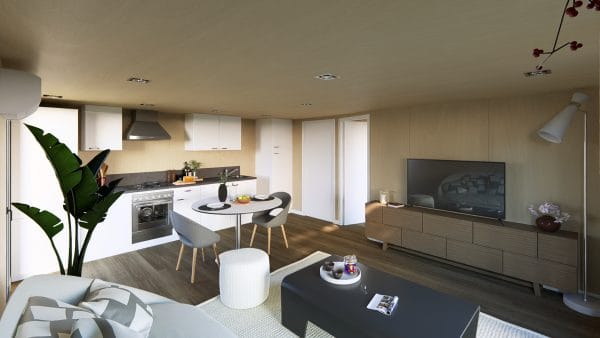 Intérieur moderne d'un module en bois avec espace de vie ouvert combinant cuisine, salle à manger et salon