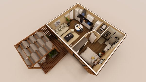 Vue en 3D d'un module d'habitation en bois compact avec terrasse couverte intégrée
