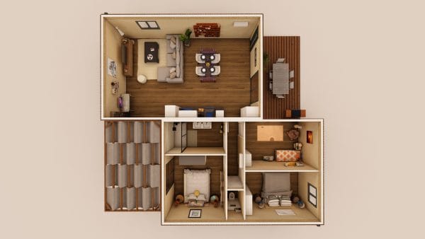 Vue en plan 3D d'un module d'habitation en bois de 101,4 m² avec espace de vie lumineux et rangements optimisés.