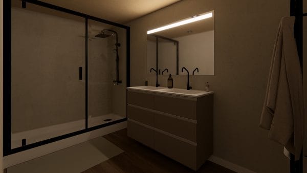 Salle de bain moderne et minimaliste avec douche à l'italienne, meuble double vasque et éclairage LED