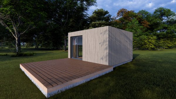 Module en bois moderne avec une terrasse en bois, situé dans un environnement naturel verdoyant.