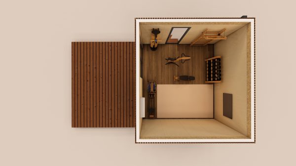 Vue en plongée d'un module en bois aménagé en salle de sport compacte, avec parquet et équipements de fitness, accompagné d'une terrasse extérieure en bois.