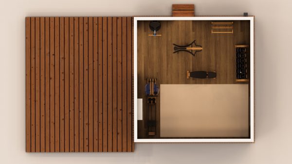 Vue aérienne d'un module en bois aménagé en salle de sport, avec des équipements de musculation et un espace extérieur en terrasse.