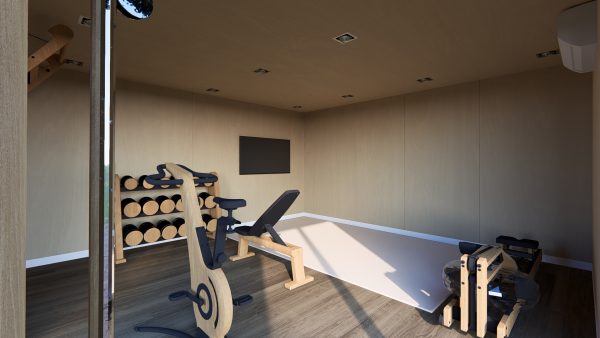 Salle de sport modulaire en bois avec équipements modernes, incluant un vélo d'exercice, un banc de musculation et un rameur à eau, dans un espace lumineux et chaleureux.