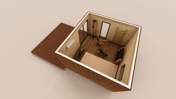 Vue isométrique d’un module en bois aménagé en salle de sport, équipé de matériel de fitness et d’un espace optimisé pour l’entraînement.