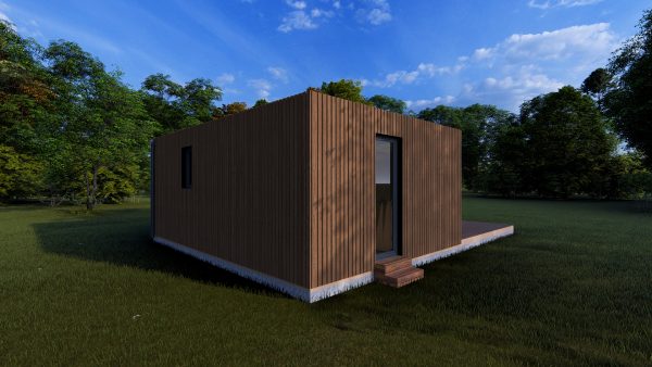 Module en bois de forme cubique, de couleur marron, intégré dans un environnement naturel verdoyant, avec un ciel bleu dégagé en arrière-plan.
