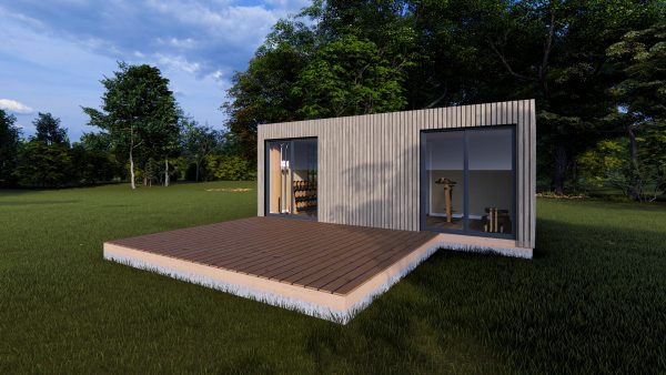 Module en bois moderne avec une terrasse en bois, entouré de verdure, conçu pour un espace gym ou de loisirs.