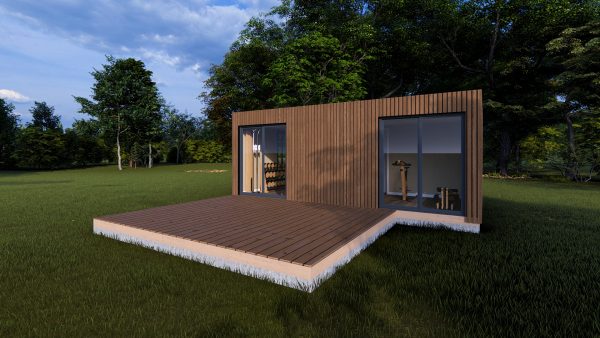 Module en bois moderne avec une terrasse spacieuse, entouré de verdure, idéal pour un espace de vie ou une salle de sport.