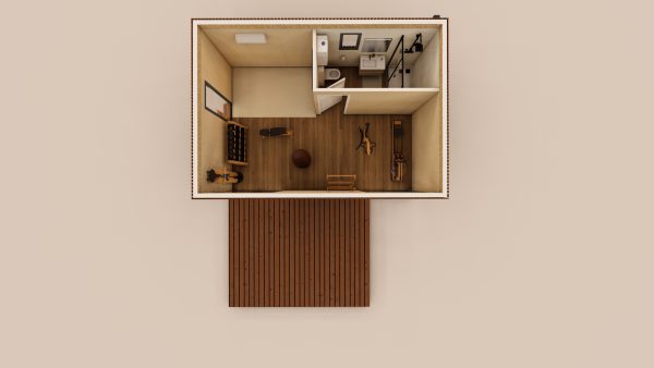 Vue en plan d'un module en bois aménagé en salle de sport avec des équipements de fitness et un espace sanitaire, accompagné d'une terrasse en bois.