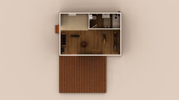 Vue en plan d'un module en bois aménagé en salle de sport, comprenant des équipements de fitness, un espace sanitaire avec douche et toilettes, ainsi qu'une terrasse en bois.