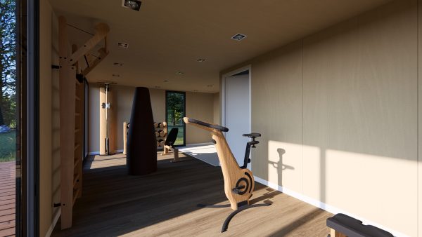 Salle de sport lumineuse avec équipements en bois design, située dans un module en bois moderne, entourée de verdure.