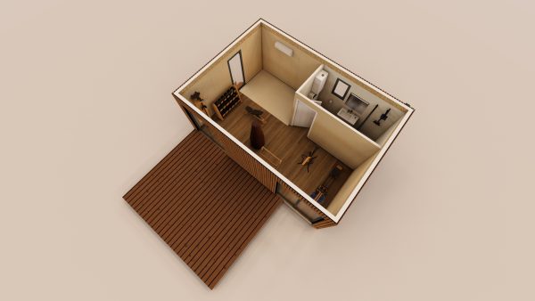 Vue en perspective d'un module en bois aménagé en salle de sport compacte et fonctionnelle, avec un espace extérieur en terrasse.