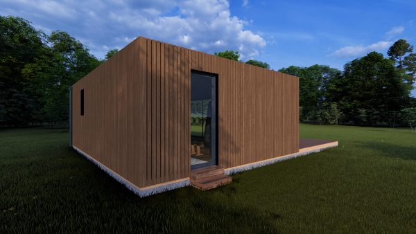 Module en bois de forme rectangulaire, avec des parois extérieures en bardage marron, situé dans un environnement verdoyant sous un ciel bleu partiellement nuageux.