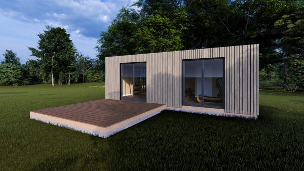 Module en bois moderne avec une façade minimaliste, équipé de grandes baies vitrées coulissantes, entouré d'un cadre verdoyant et d'une terrasse en bois.