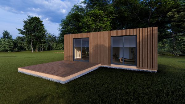 Module en bois moderne avec façade en lames verticales, grandes baies vitrées et terrasse en bois, situé dans un environnement verdoyant.