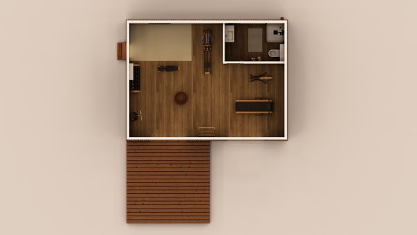 Vue en plan d'un module en bois aménagé en salle de sport, avec un parquet chaleureux et des équipements de fitness, comprenant également une salle d'eau et une terrasse extérieure en bois.