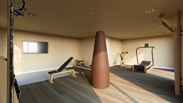 Salle de sport lumineuse et moderne, équipée d'appareils en bois design et écologiques, avec un sol en parquet et des murs en bois clair.