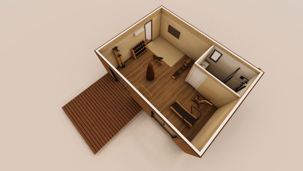 Vue en perspective d’un module en bois conçu comme un espace de gym personnel, avec un intérieur chaleureux et fonctionnel, équipé d’appareils de fitness en bois et d’une terrasse extérieure en bois.