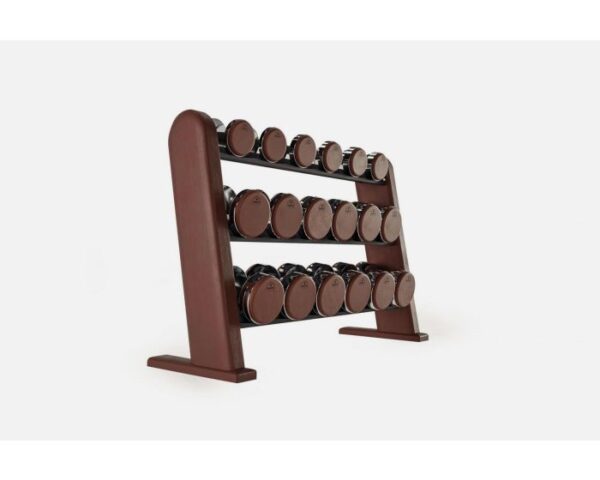 Support en bois élégant avec une collection d'haltères gris disposés sur trois niveaux.
