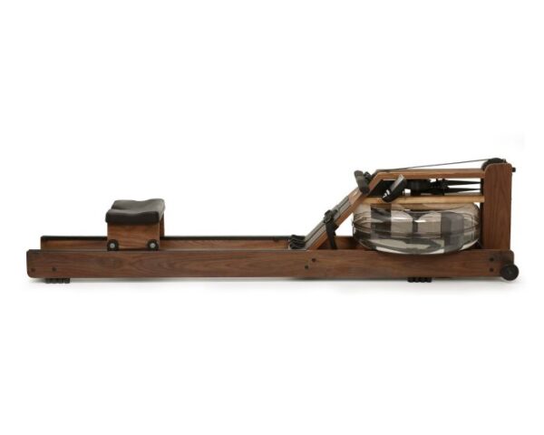 Rameur en bois de noyer avec réservoir d'eau transparent et siège ergonomique.