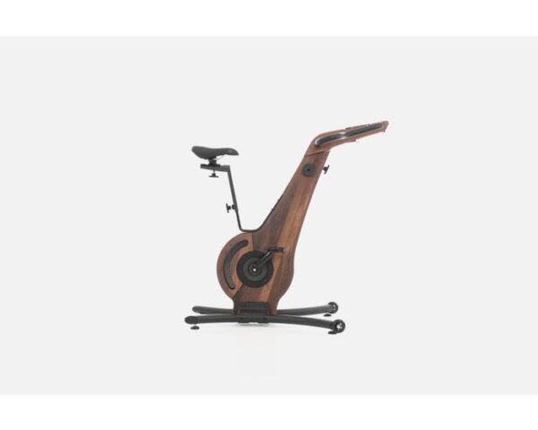 Vélo d'appartement design en bois de noyer avec des finitions élégantes et une structure moderne, idéal pour un entraînement à domicile.